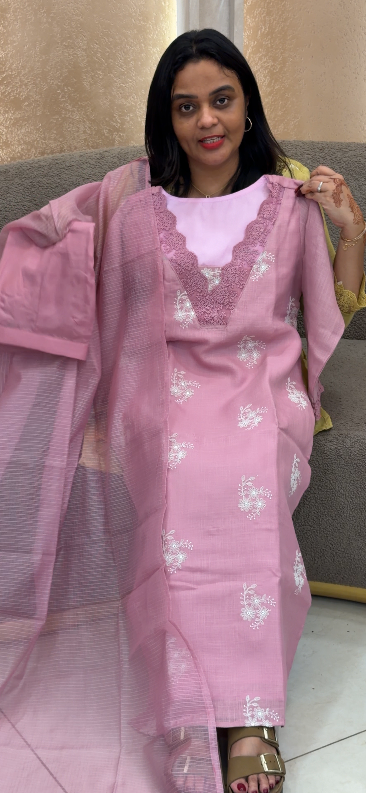 IHA'S IN-HOUSE COTTON LINEN TOP, BOTTOM AND DUPATTA - IHA 33709
