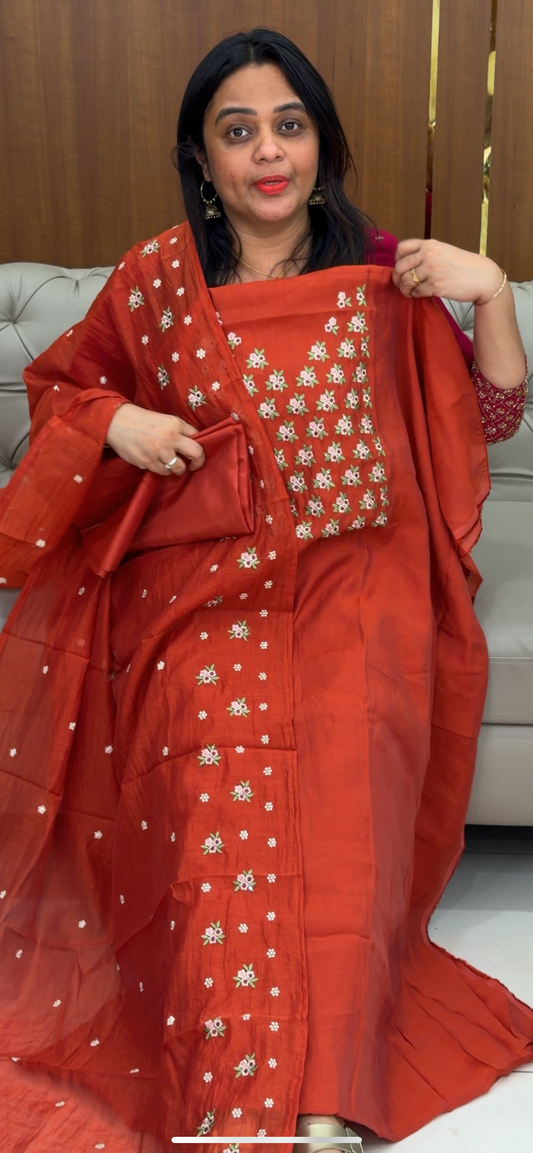 MUL CHANDERI UNSTITCHED  SALWAR SUITS - IHA 29838