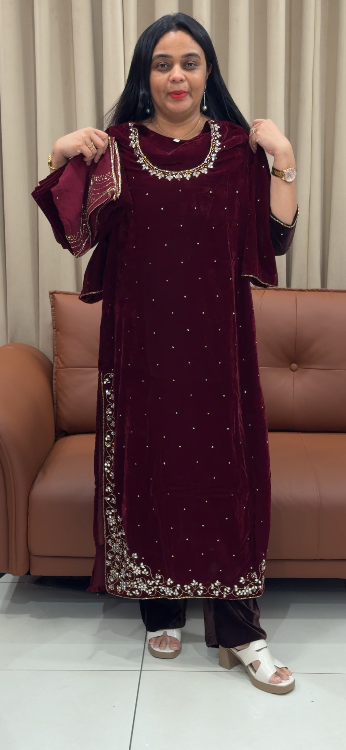 VISCOSE VELVET TOP, BOTTOM AND DUPATTA  - IHA 35445