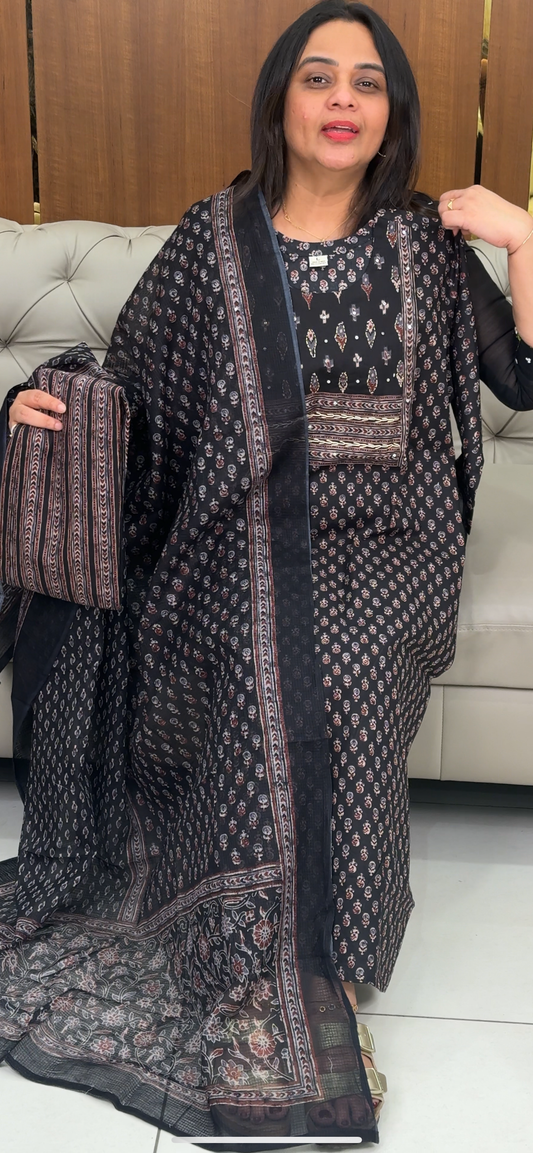 COTTON AJRAKH TOP, BOTTOM AND DUPATTA - IHA 29749