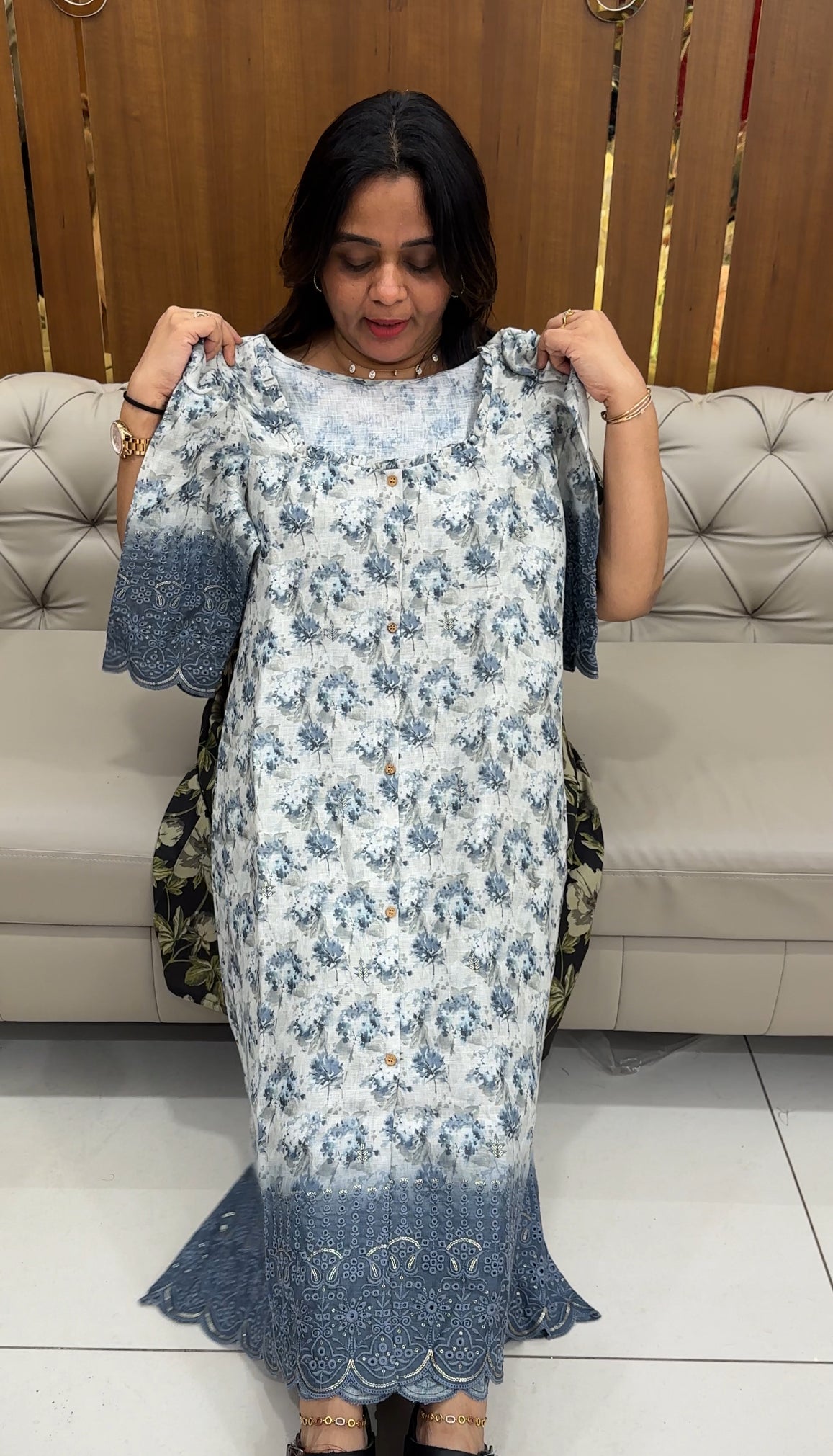 PRINTED LINEN LONG A-LINE FROCKS - IHA 28390