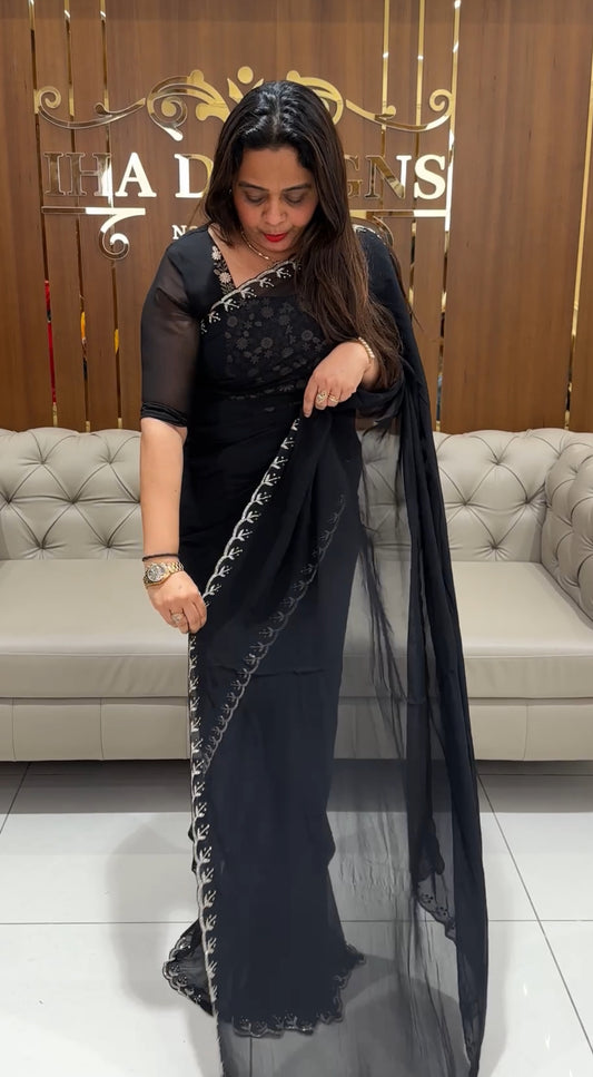 HAND WORKED GEORGETTE SAREES - IHA 23316