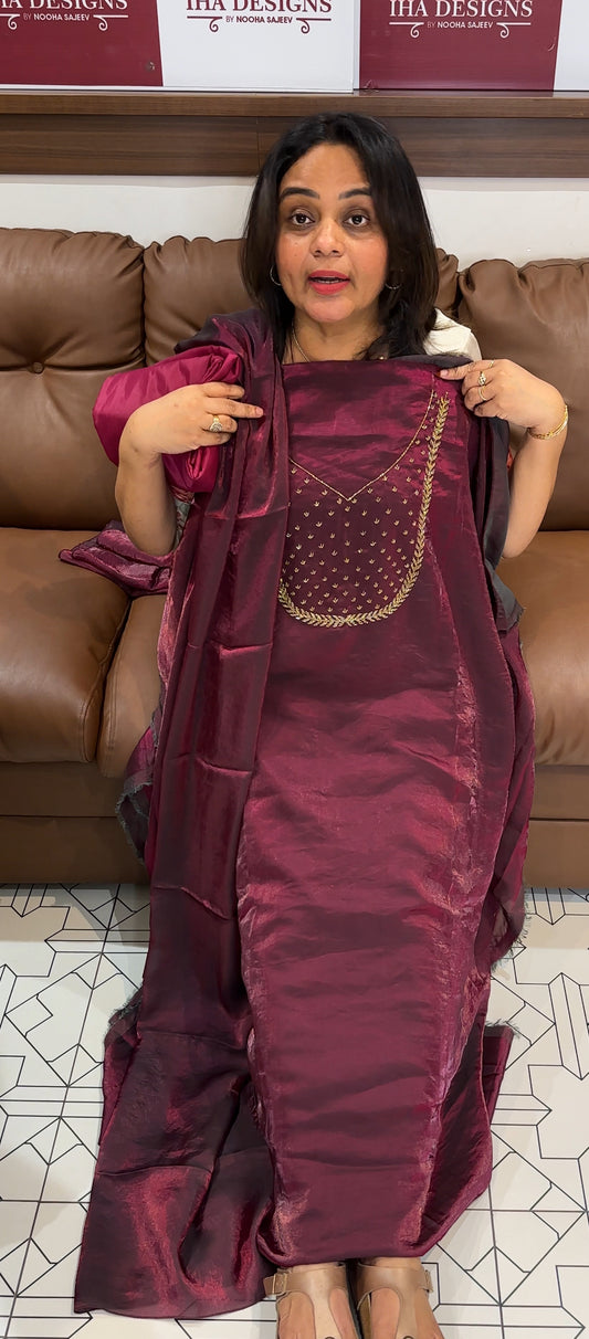 HAND WORKED ORGANZA UNSTITCHED SALWAR SUITS - IHA 26184