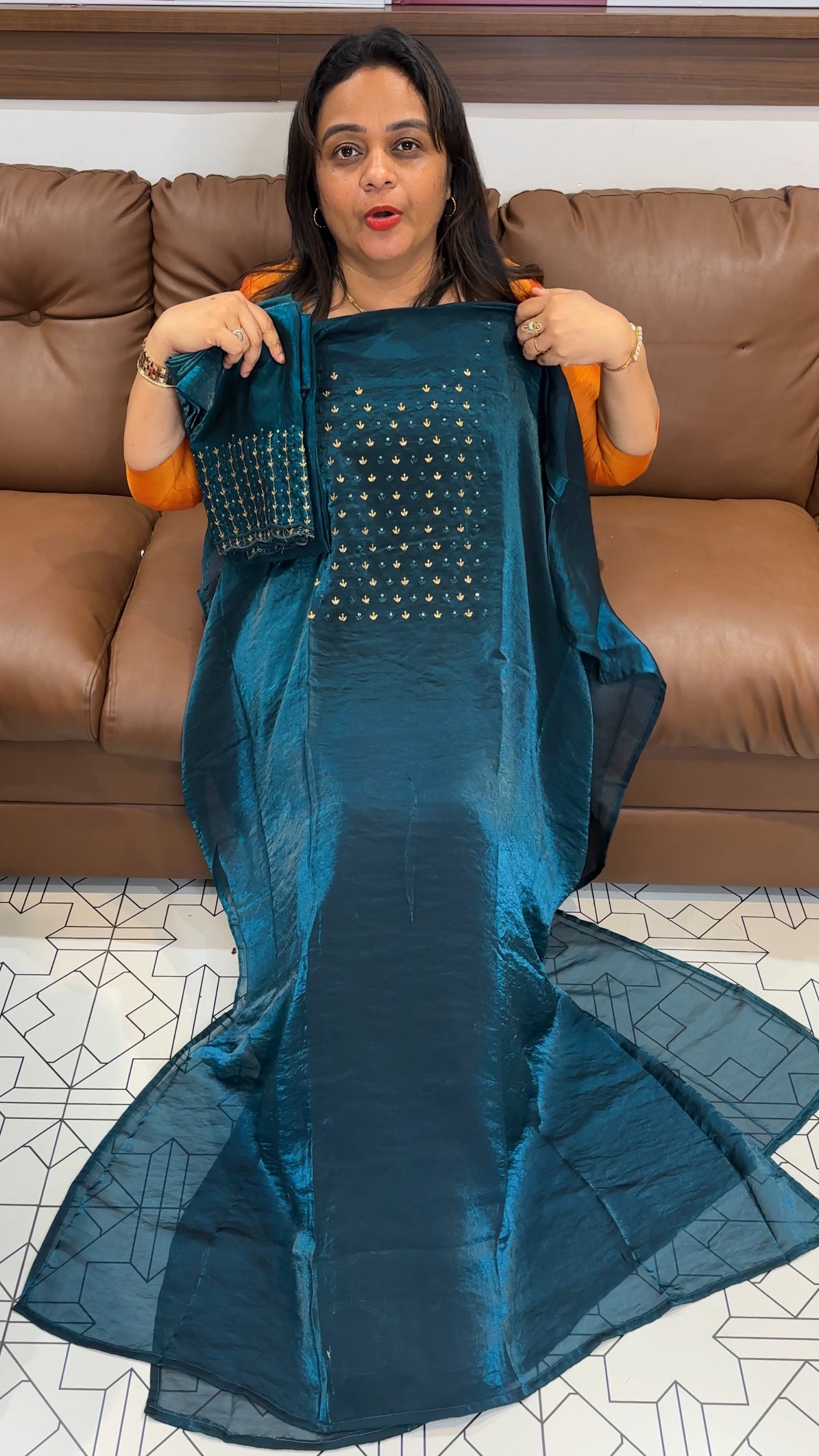 VELVET ORGANZA UNSTITCHED SALWAR SUITS - IHA 23543