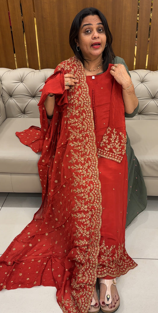 HAND WORKED CRAPE SILK TOP,BOTTOM AND DUPATTA - IHA 27599