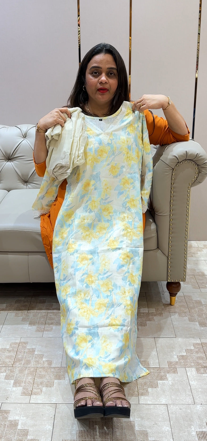 PRINTED LINEN TOP, BOTTOM AND DUPATTA - IHA 22664