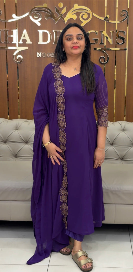 FAUX GEORGETTE ALINE TOP , BOTTOM AND DUPATTA - IHA 32367