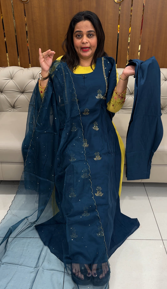 MUL CHANDERI  A-LINE TOP , BOTTOM AND DUPATTA  - IHA  26049