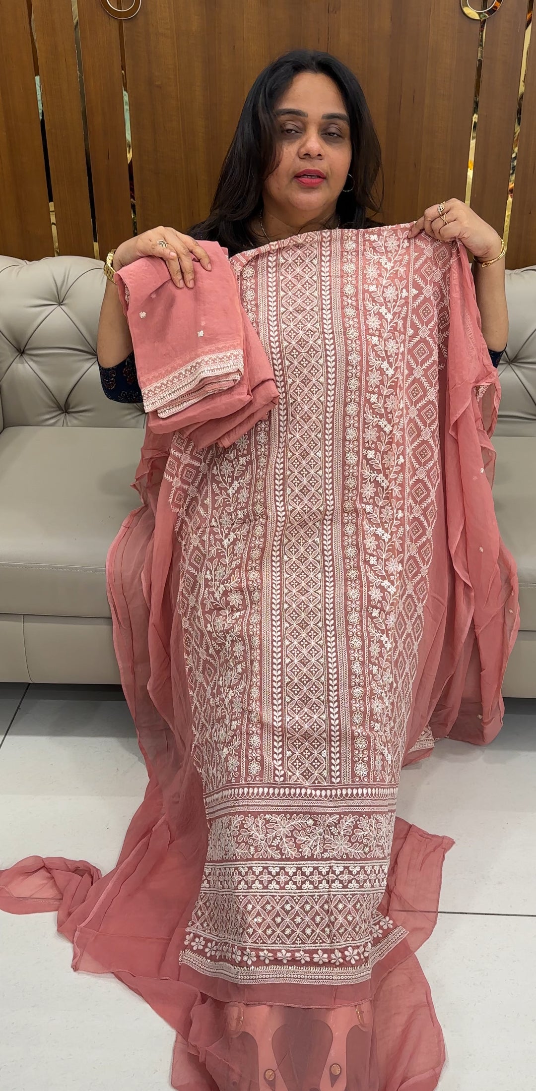 LUCKNOWI CHIKANKARI UNSTITCHED SALWAR SUITS - IHA 26885