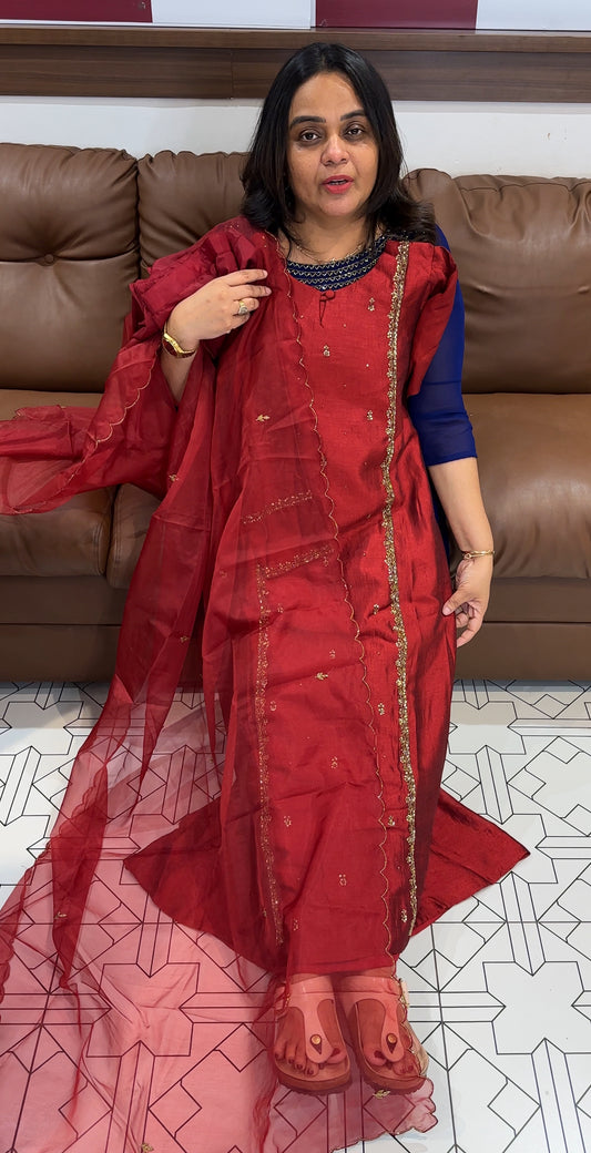 SEMI RAW SILK TOP, BOTTOM AND DUPATTA - IHA  28093