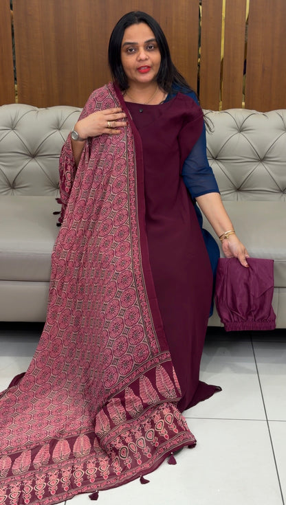 FAUX GEORGETTE ALINE TOP ,BOTTOM AND DUPATTA  - IHA 35095