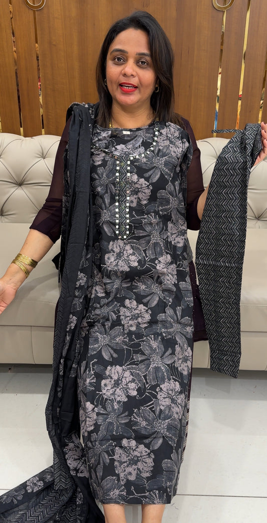 COTTON LONG SLITTED TOP, BOTTOM AND DUPATTA - IHA 25601