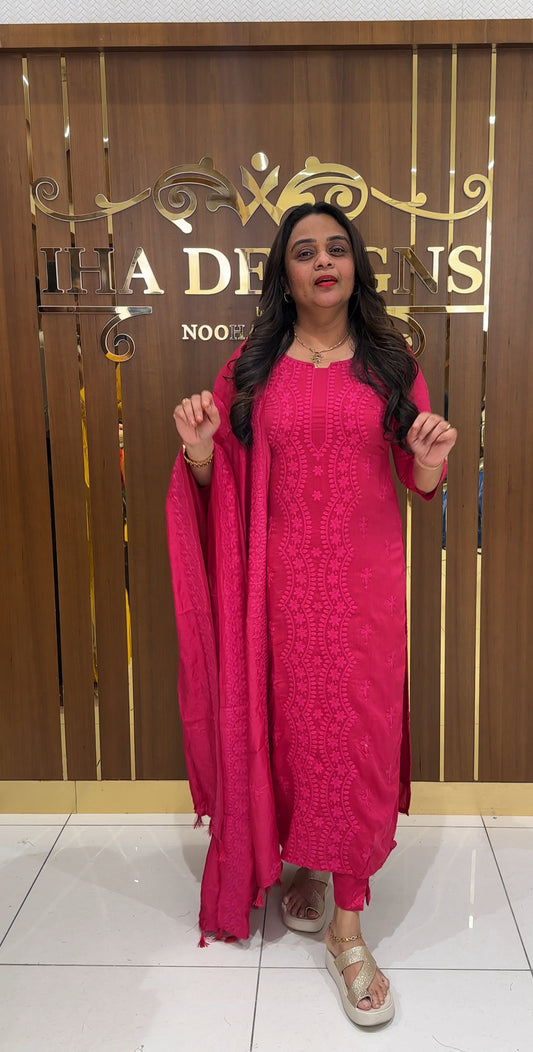 LUCKNOWI CHIKANKARI TOP,BOTTOM AND DUPATTA - IHA 22992
