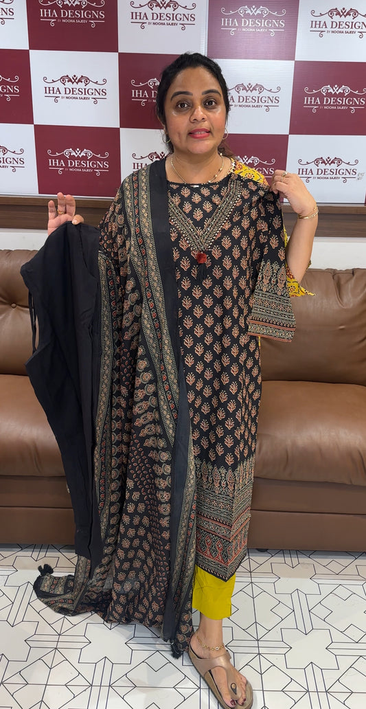 COTTON AJRAKH LONG TOP, BOTTOM AND DUPATTA - IHA 26486