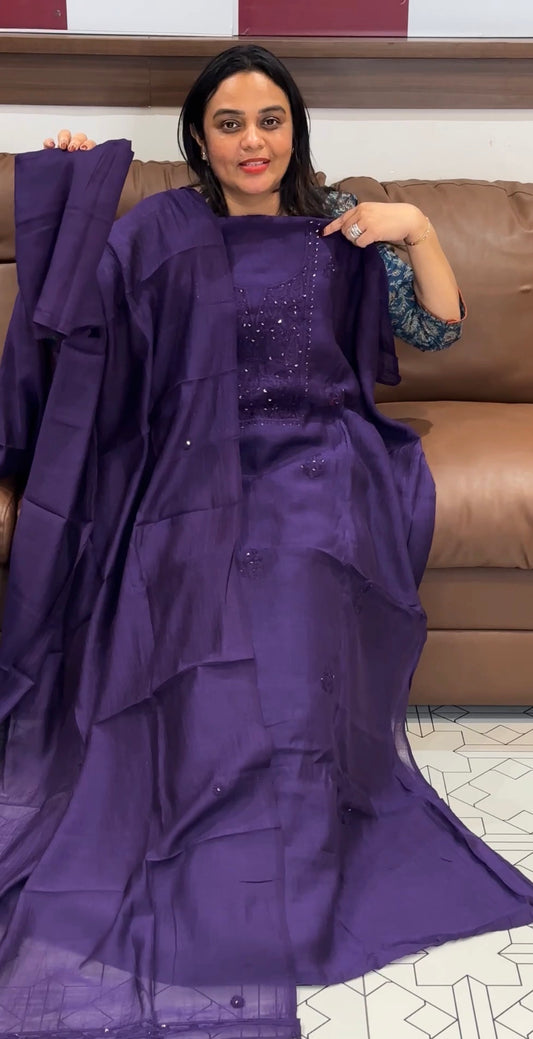 MUL CHANDERI CHIKANKARI UNSTITYCHED SALWAR SUITS - IH 31773