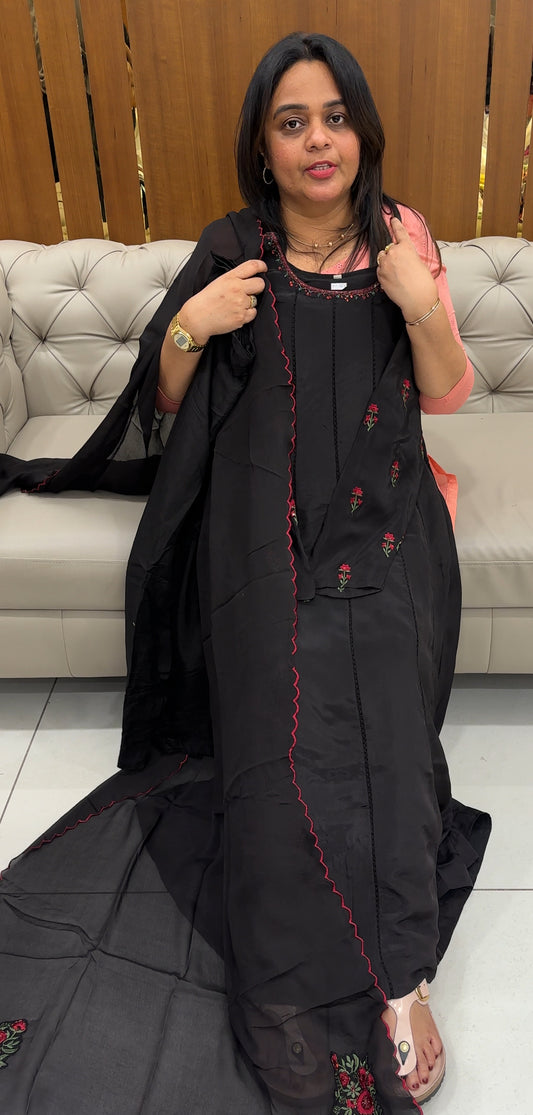 CRAPE SILK ANARKALI TOP,BOTTOM AND DUPATTA - IHA 27045