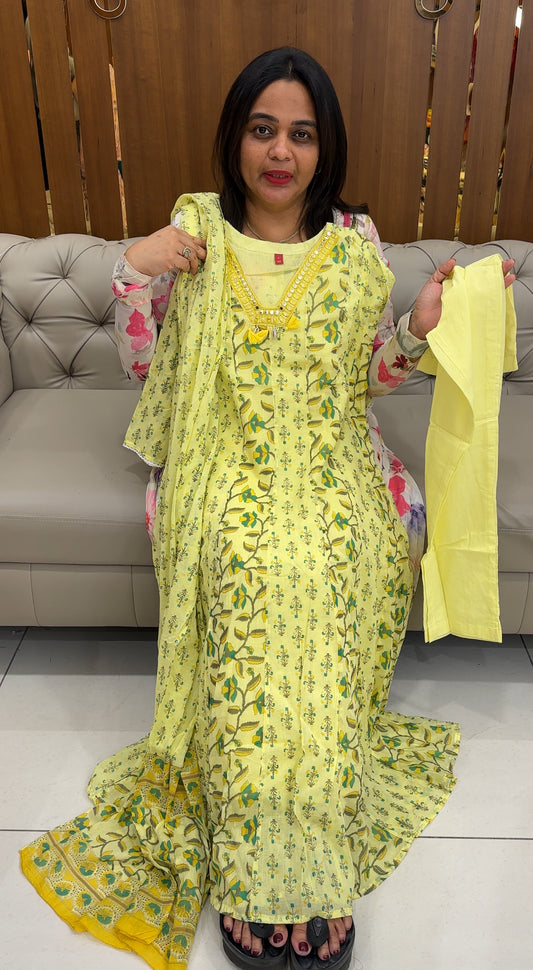 PRINTED COTTON ANARKALI TOP ,BOTTOM AND DUPATTA - IHA 26072