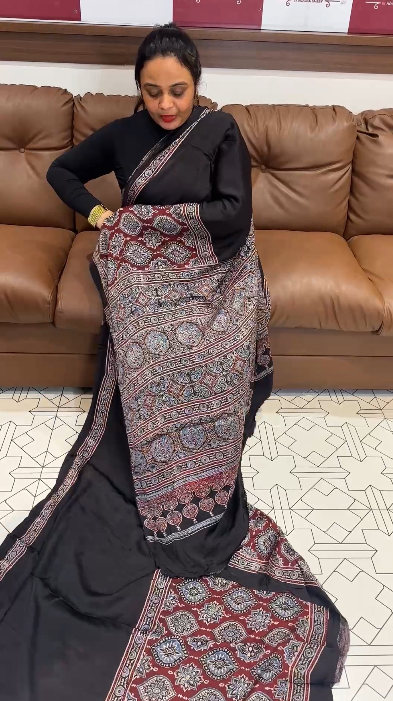 AJRAKH PRINTED MODAL SILK SAREE - IHA 19315