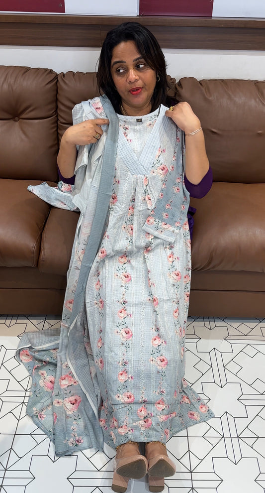 COTTON PRINTED ALINE TOP ,BOTTOM AND DUPATTA - IHA 25438
