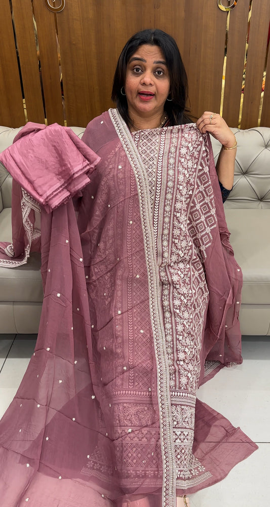 LUCKNOWI CHIKANKARI UNSTITCHED SALWAR SUITS - IHA 26885