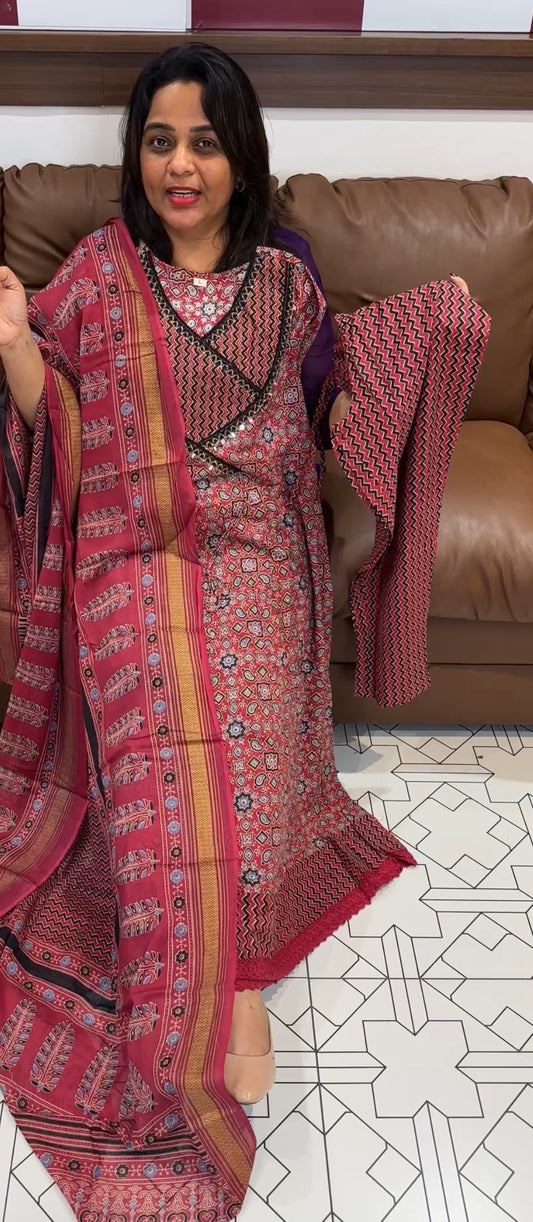 COTTON PRINTED ANARKALI TOP,BOTTOM AND DUPATTA - IHA 25430