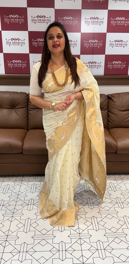 SEMI SILK CREAM SAREE - IHA 14594