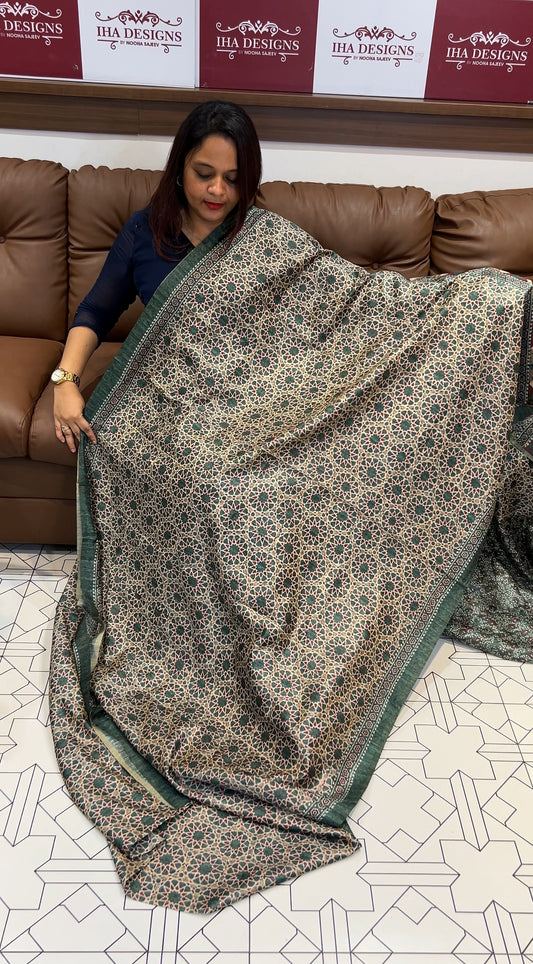 AJRAKH PRINTED SEMI JUTE SAREES  - IHA 9717