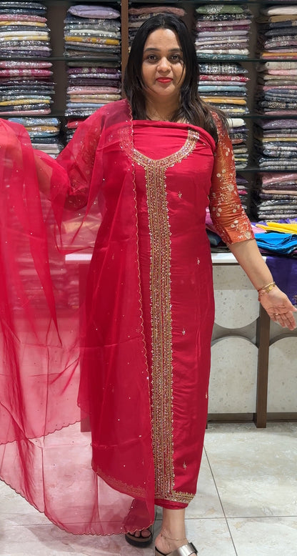 HAND WORKED UNSTITCHED SALWAR SUITS - IHA 18682