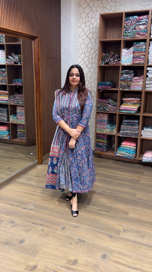 PARTY WEAR AJRAKH PRINTED ANARKALI TOP AND DUPATTA - IHA 23918